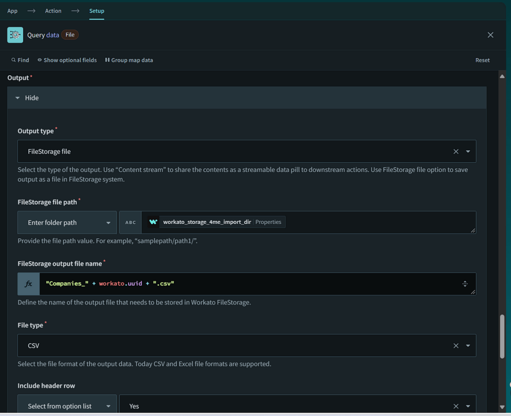 write the query results to a CSV file on the Workato storage.