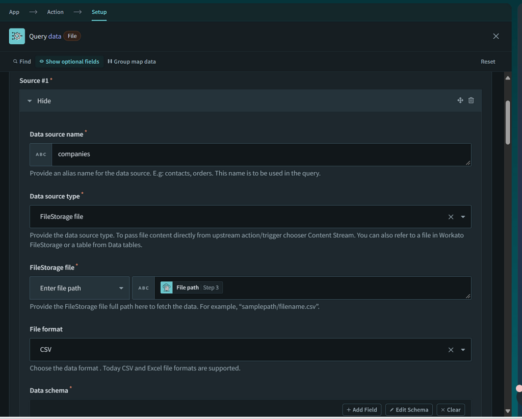 Configure data source 1 by defining the data source, data source type, and data source schema.